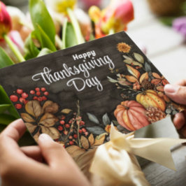 Houten Herfst pompoenen en bladeren Happy Thanksgi Feestdagenkaart