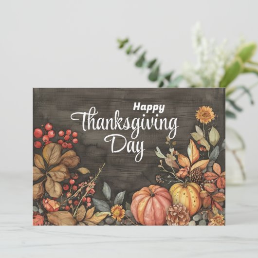 Houten Herfst pompoenen en bladeren Happy Thanksgi Feestdagenkaart (Staand voorkant)