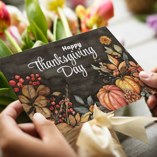 Houten Herfst Pompoenen en Bladeren Prettig Thanks Feestdagenkaart