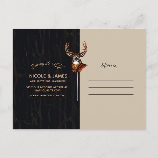 Houten Herten Rustieke Landelijke Save the Date Aankondigingskaart (Achterkant)