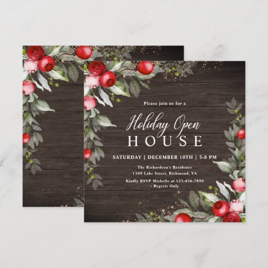 Houten Holly Berry Holiday Open House Uitnodiging (Voorkant / Achterkant)