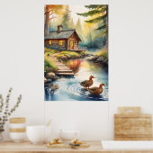 Houten huis aan rivier 1 poster (Keuken)
