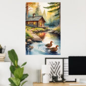 Houten huis aan rivier 1 poster (Thuiskantoor)