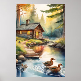 Houten huis aan rivier 1 poster