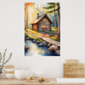 Houten huis aan rivier 3 poster (Keuken)