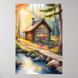 Houten huis aan rivier 3 poster