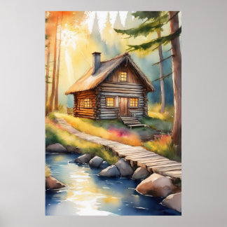 Houten huis aan rivier 3 poster