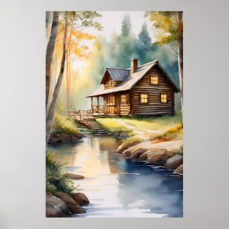 Houten huis aan rivier 4 poster