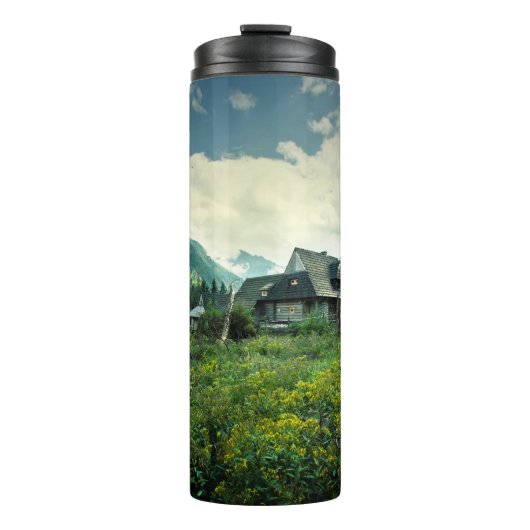 Houten huis, berg natuur landschap. thermosbeker (Voorkant)