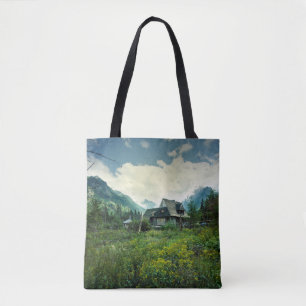 Houten huis, berg natuur landschap. tote bag