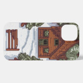 Houten huis in een besneeuwd bos pixelated iPhone hoesje (Achterkant horizontaal)
