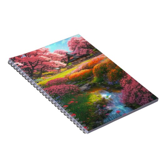 Houten huis omgeven door een kleurrijke tuin notitieboek (Rechterzijde)