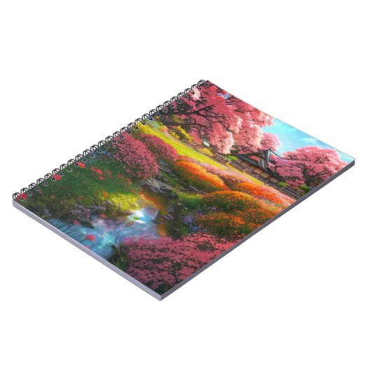 Houten huis omgeven door een kleurrijke tuin notitieboek (Linkerzijde)