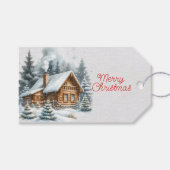 Houten Huis Sneeuwbomen Rookschoorsteen Cadeaulabel (Voorkant (Horizontaal))