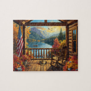 Houten Huis Veranda Herfst Bergmeer Uitzicht Legpuzzel