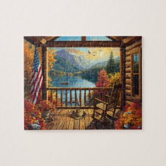 Houten Huis Veranda Herfst Bergmeer Uitzicht Legpuzzel