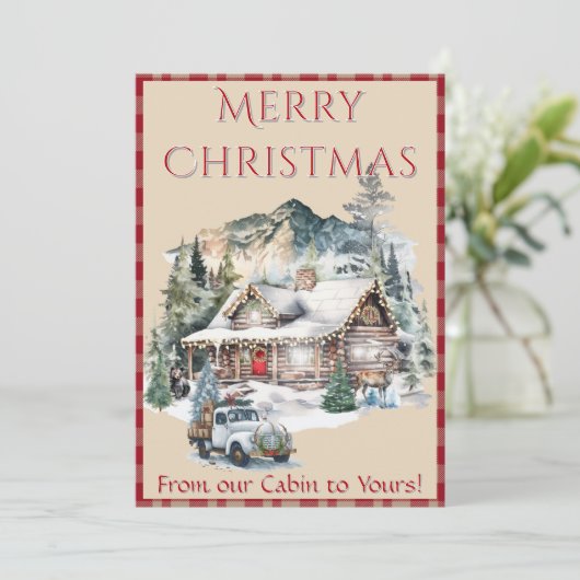 Houten huisje in de bergen Kerst 1 Foto  Feestdagenkaart (Staand voorkant)