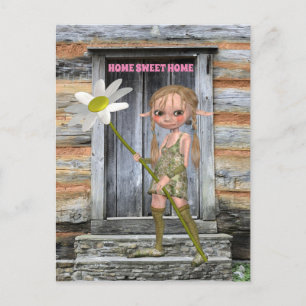 HOUTEN HUT ZOETE ELF MEISJE KUNST ANSICHTKAART BRIEFKAART