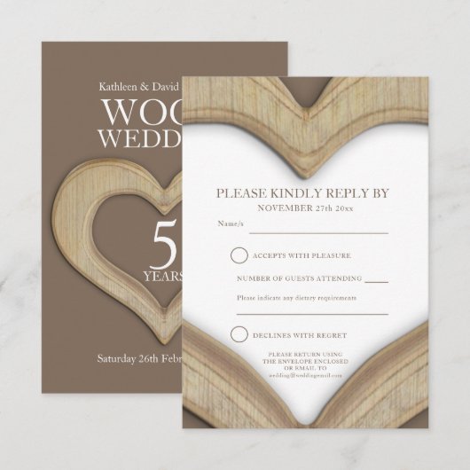 Houten huwelijksjubileum 5 jaar hart antwoordkaart RSVP kaartje (Voorkant / Achterkant)