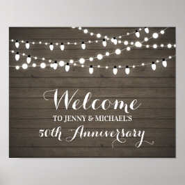 Houten huwelijksjubileum welkomstbord met rustieke poster
