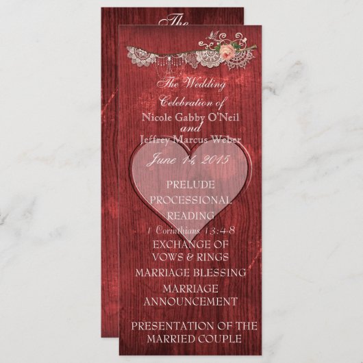 Houten Huwelijksprogramma met Rode Hart Rustieke S Programmakaart (Voorkant / Achterkant)