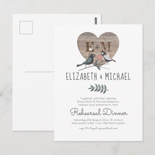 Houten huwelijksrepetitie-diner met gegraveerd har briefkaart (Voorkant / Achterkant)