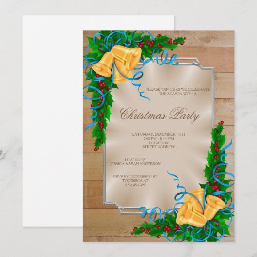 Houten Ingelijste Hoek Bells & Ribbon Kerstmis Kaart (Voorkant / Achterkant)