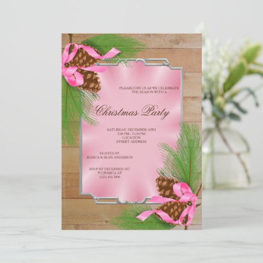 Houten Ingelijste Hoek Pine Kegels & Lint Kerstmis Kaart (Staand voorkant)