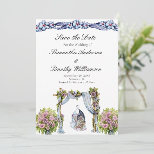 Houten Kabouters Huwelijksbloemen Scandinavisch QR Save The Date (Staand voorkant)