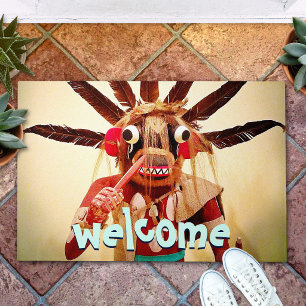 Houten Kachina-pop met grappig gezicht Welkom typo Deurmat