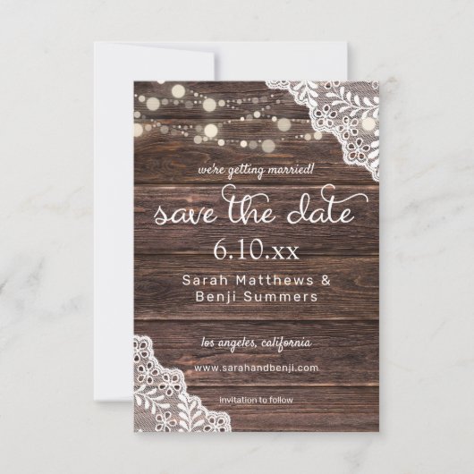 Houten kant en slingerlichtjes Save The Date V2 (Voorkant)