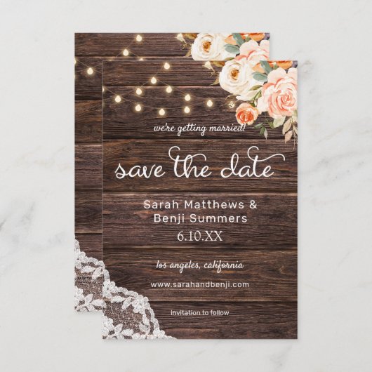 Houten kant, lampjes, bleekheid en pekflesjes Robu Save The Date (Voorkant / Achterkant)