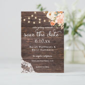 Houten Kant, Lichten, Blush & Perzik Bloemen Rusti Save The Date (Staand voorkant)