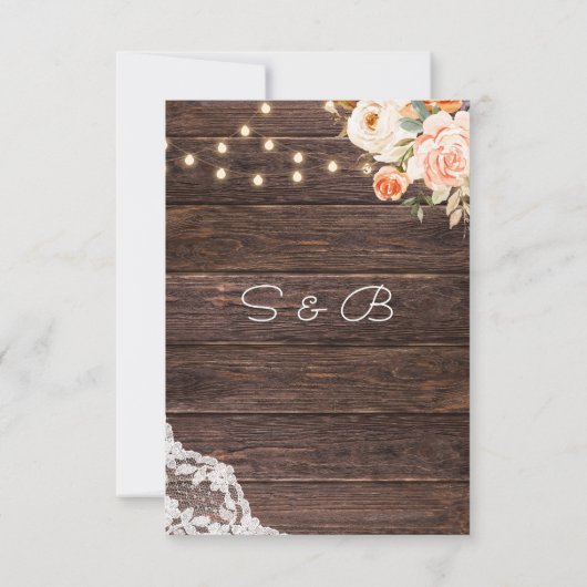 Houten Kant, Lichten, Blush & Perzik Bloemen Rusti Save The Date (Achterkant)