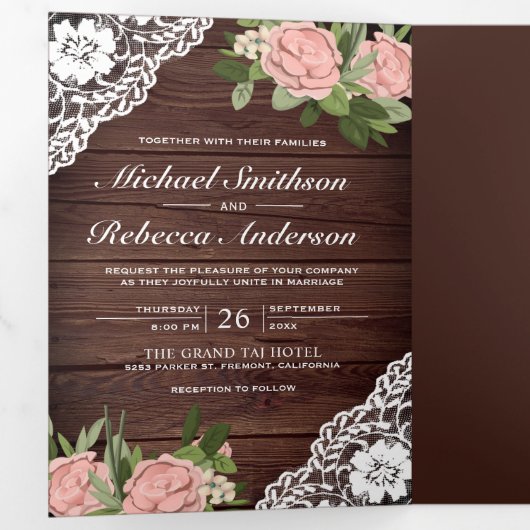 Houten kant stoffig roze roos string lichten bruil drieluik uitnodiging (Binnenzijde eerst)