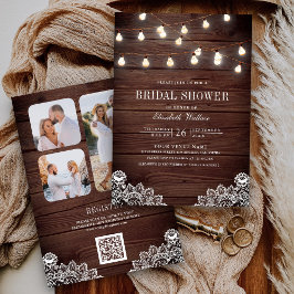 Houten Kant String Licht Foto QR Code Vrijgezellen Kaart