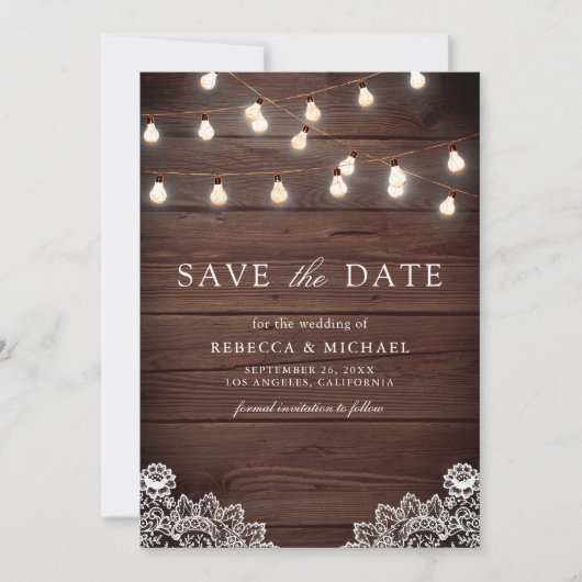 Houten Kant String Lichten Foto QR Code Huwelijk Save The Date (Voorkant)