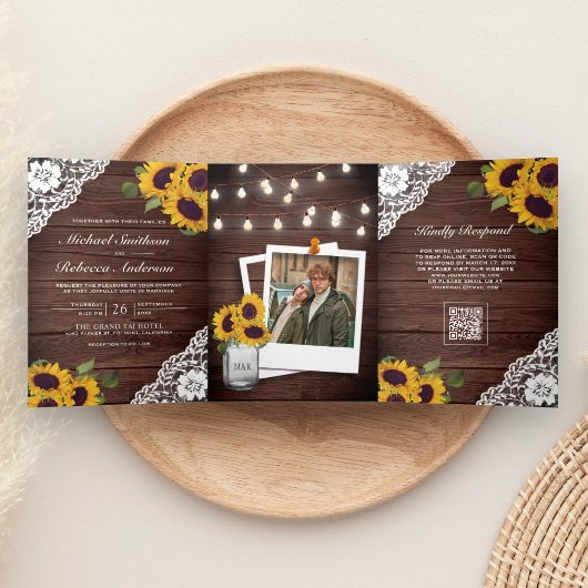 Houten Kant Sunflower Slingerlichten QR Code Bruil Drieluik Uitnodiging
