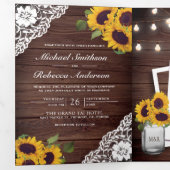 Houten Kant Sunflower Slingerlichten QR Code Bruil Drieluik Uitnodiging (Binnenzijde eerst)