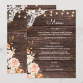 Houten Kanten Blozend & Perzik Bloem Menu 2 Uitnod Kaart (Voorkant / Achterkant)