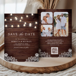 Houten Kanten Slingerlichten Foto QR-code Trouwdag Save The Date