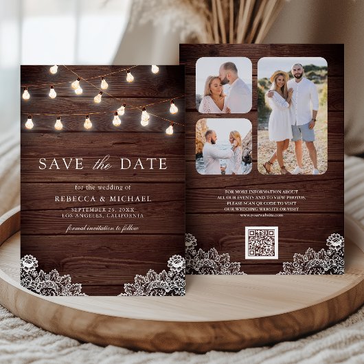 Houten Kanten Slingerlichten Foto QR-code Trouwdag Save The Date