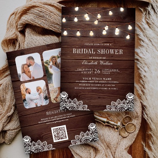 Houten Kanten Snoer Licht Foto QR Code Bruidsfeest Kaart