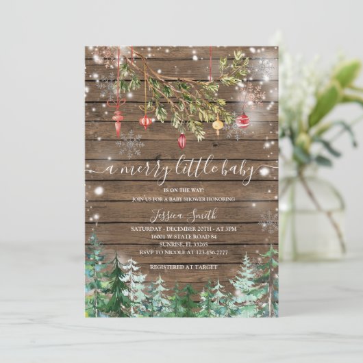 Houten Kerstversieringen Pijnbomen Vakantie Party Kaart (Staand voorkant)