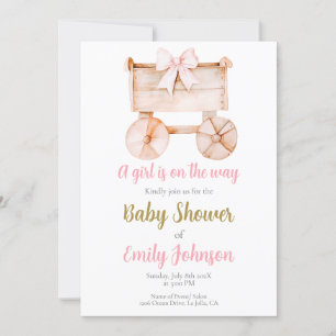 Houten kinderwagen Baby shower Meisje uitnodiging
