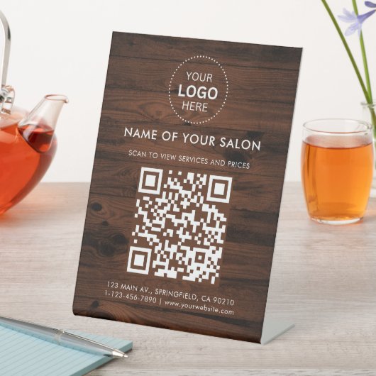 Houten Kleur Salon Business QR Code en Logo Reclamebord Met Voetstuk (Insitu)