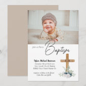 Houten Kruis en Custom Foto Baby Boy Doop Kaart (Voorkant / Achterkant)