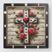 Houten Kruis Harten Rode Rozen Vierkante Klok (Voorkant)