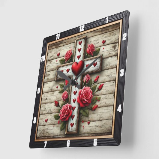 Houten Kruis Harten Rode Rozen Vierkante Klok (Hoek)