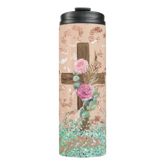 Houten kruis met bloemenontwerp op luipaardprint thermosbeker (Voorkant)